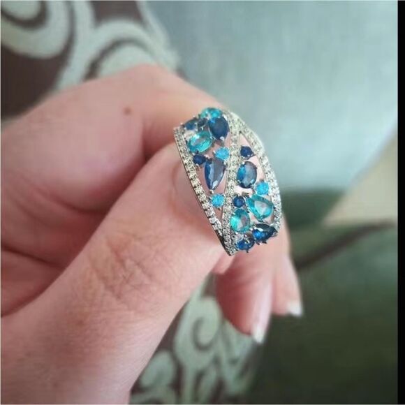 Sterling Silver (925) Wide Sparkly Blue Eternity Band - Picture 16 of 17